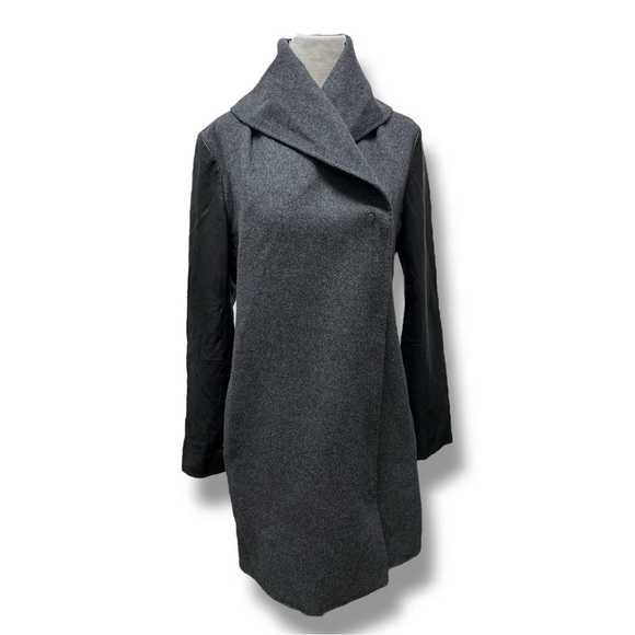 Vince Gray and Black Wool and Leather Asymmetrical Zip Coat Shawl Collar - Picture 2 of 16